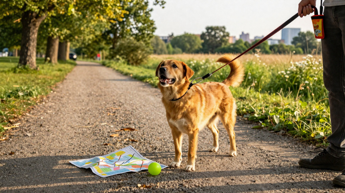 Golden retriever on a leash standing on a path with a map and green ball nearby on a sunny day.
