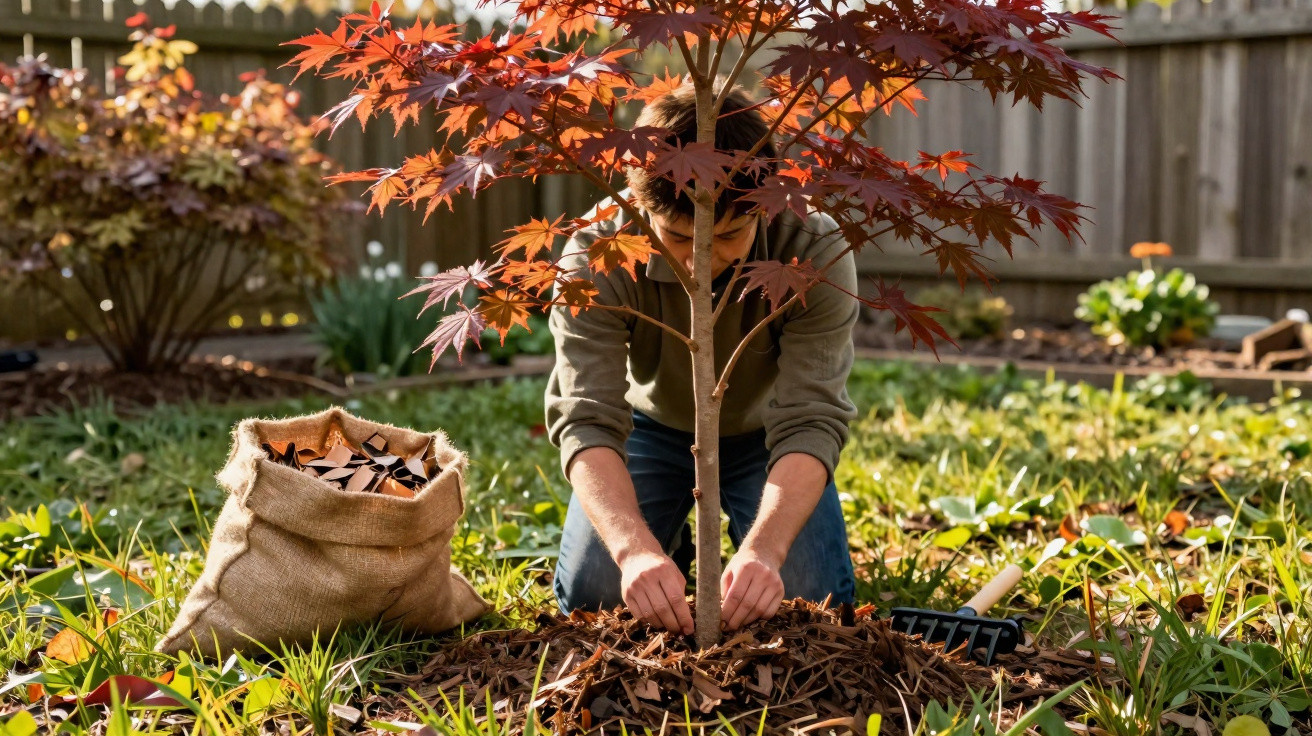 Person kneeling and planting a young maple tree in a garden surrounded by autumn foliage and gardening tools.
