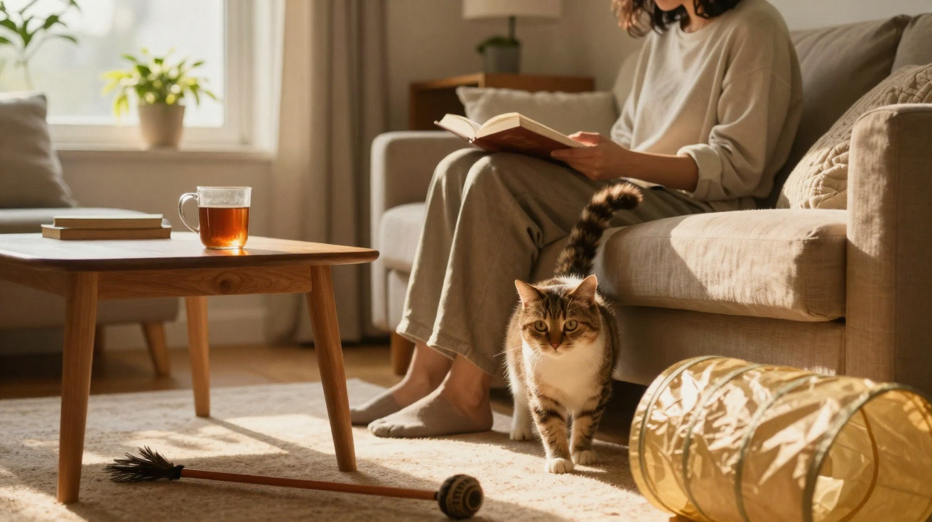 Person reading a book on a sofa with a cat walking nearby and a cup of tea on a wooden table.
