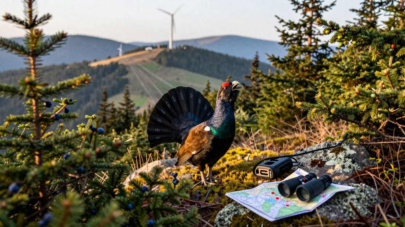 Capercaillie bird with fanned tail on mossy forest floor, next to binoculars, map, and wind turbines on distant hills.