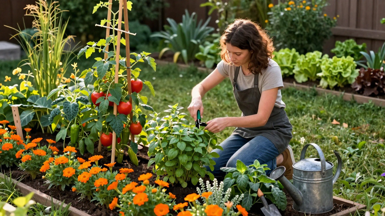 Woman pruning herbs in a vibrant garden with tomatoes, marigolds, and gardening tools on a sunny day