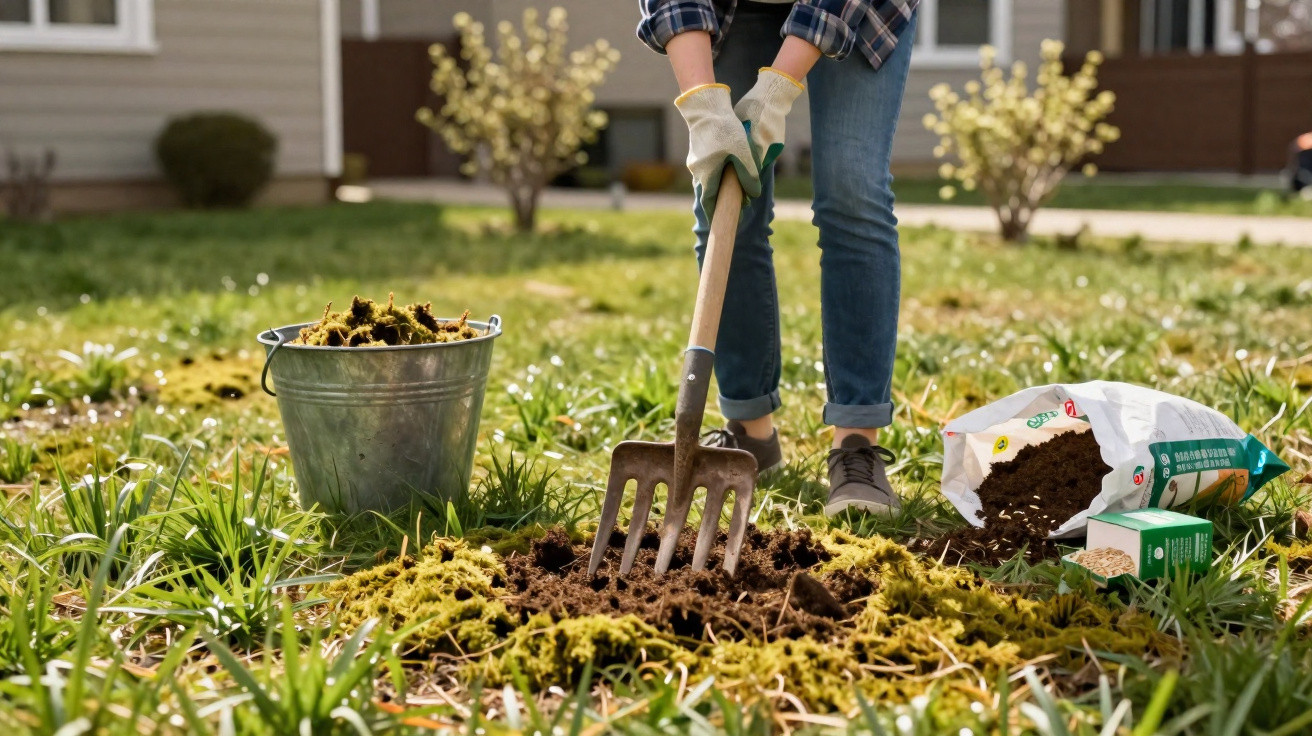 Person using a garden fork to dig soil with a bucket of moss and a bag of compost on grass outdoors.