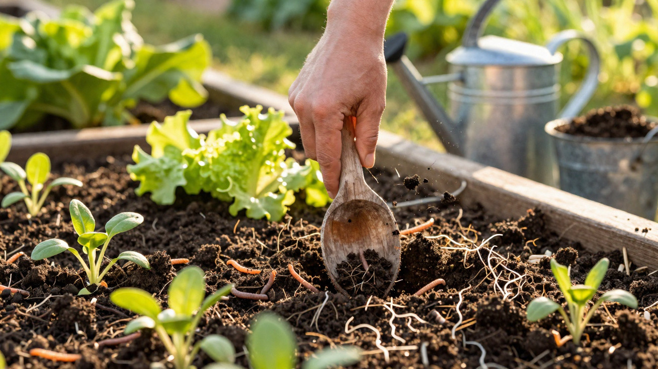 Hand using wooden spoon to dig soil in vegetable garden with young plants and watering cans in background.