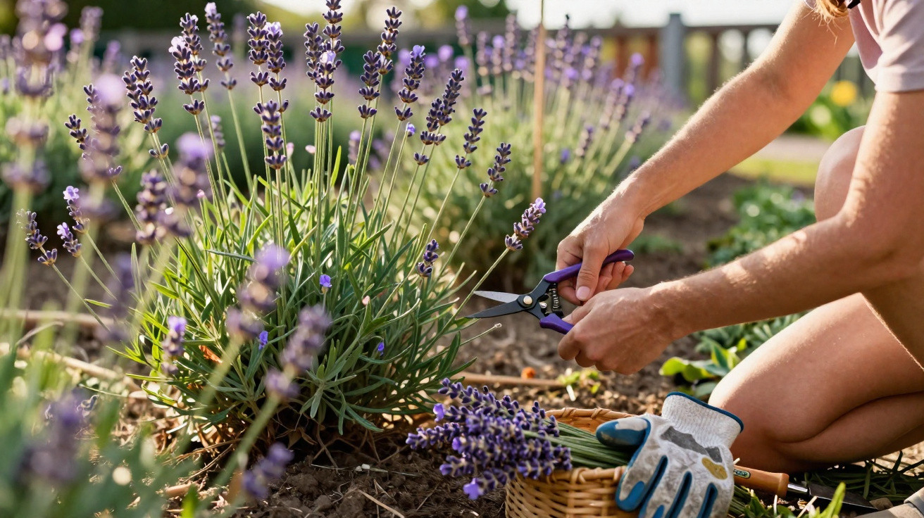 Person harvesting lavender with garden shears beside a basket and gloves in a sunlit garden.