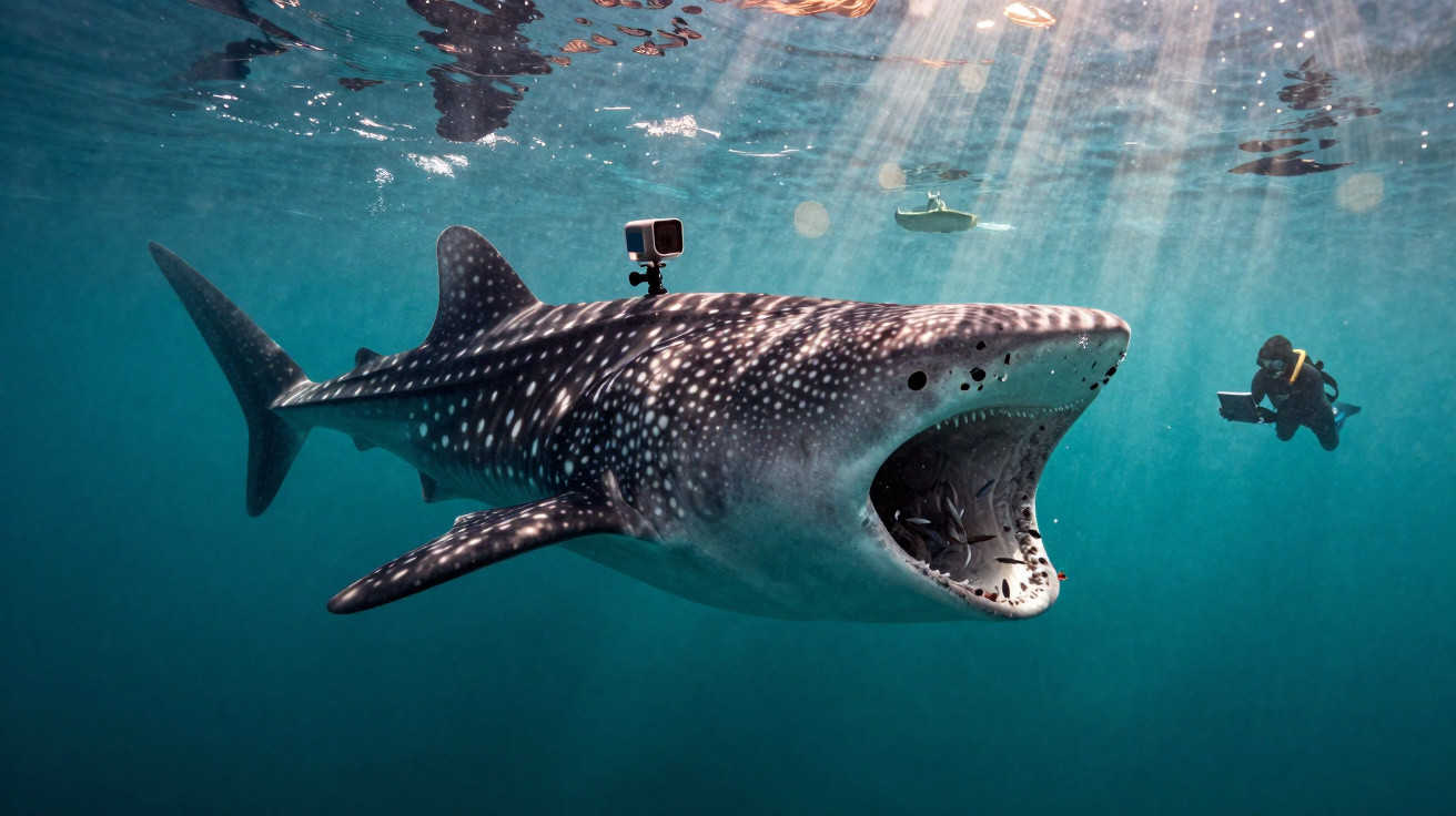 Whale shark with a mounted camera swims near a diver and a small boat in clear blue ocean water.