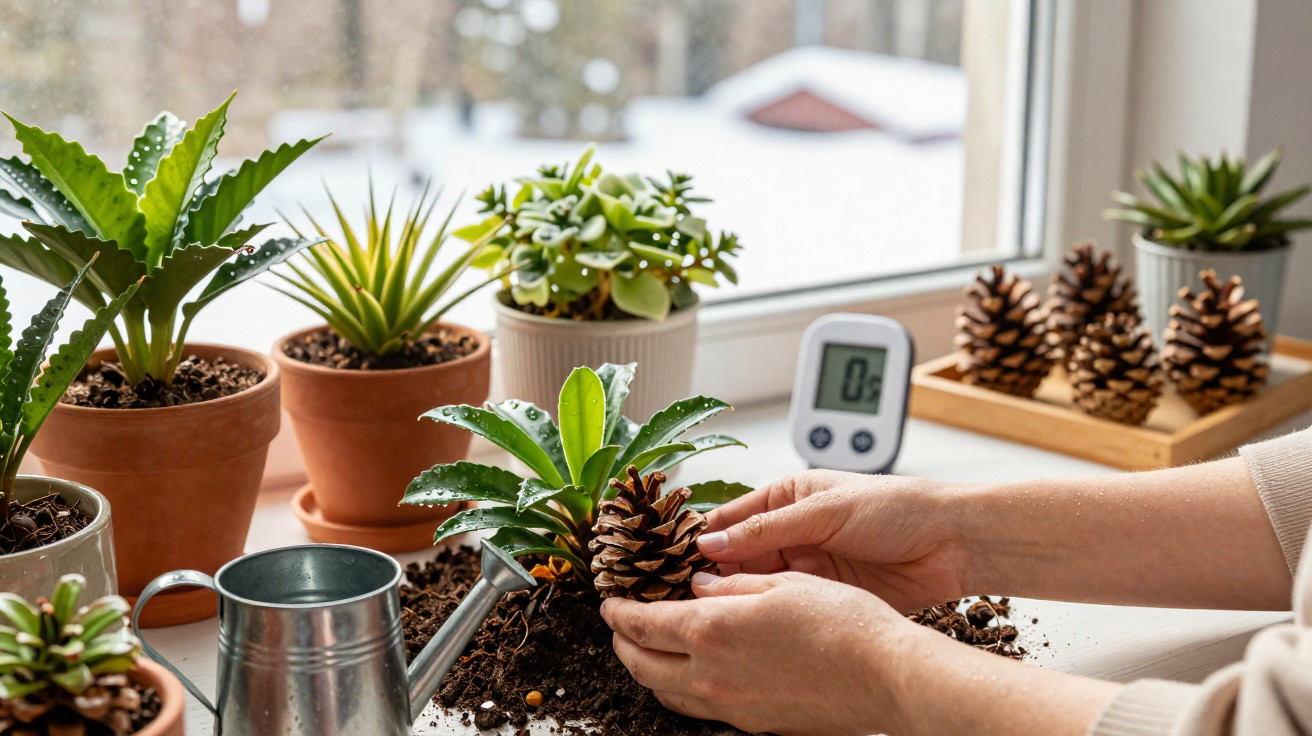 Hands holding a pine cone among potted plants and gardening tools on a windowsill.