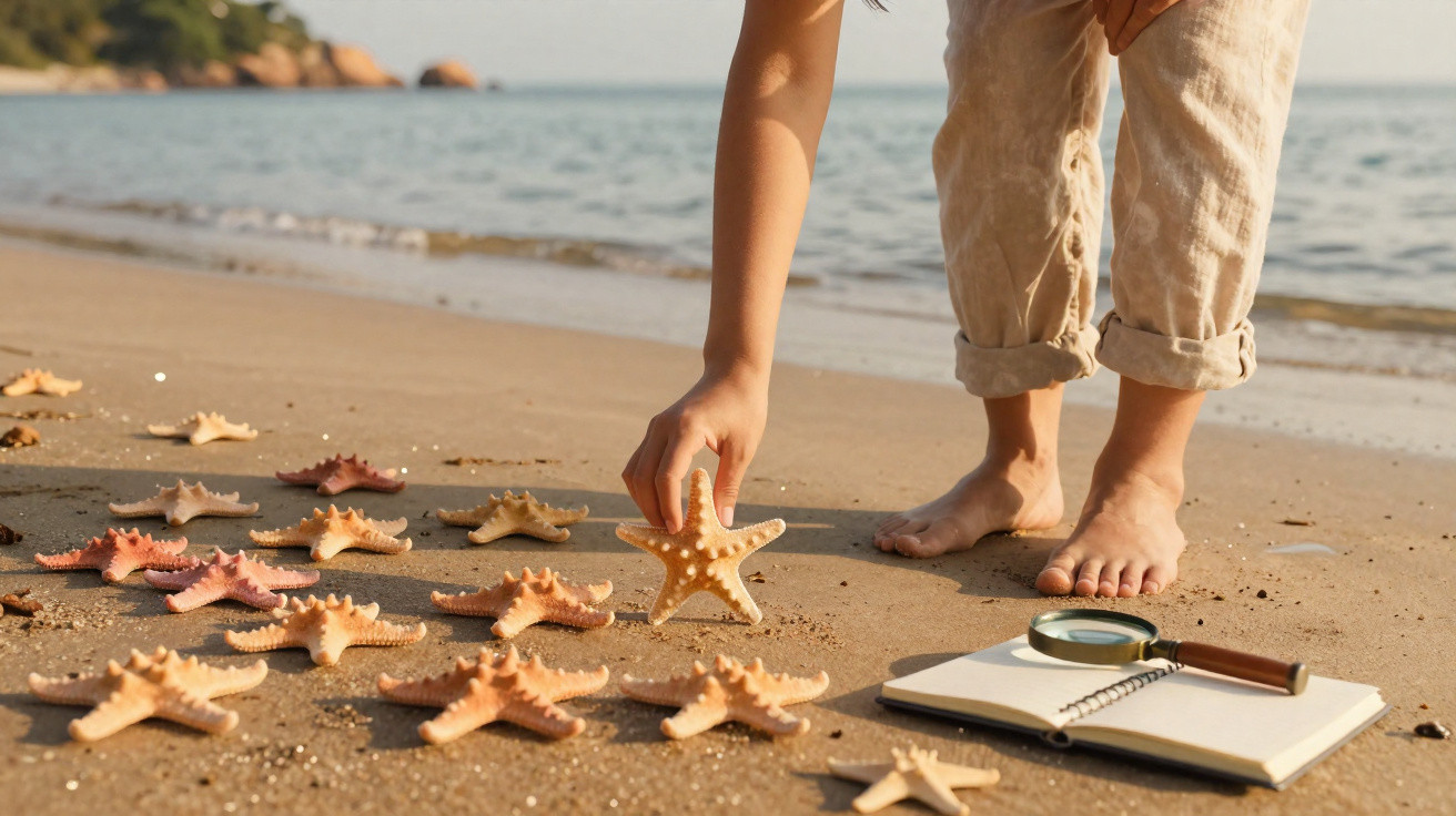 Child picking up a starfish on a sandy beach near an open notebook and magnifying glass by the sea.