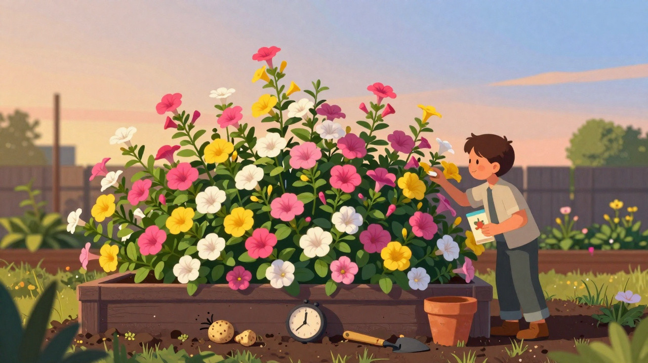 Child watering colourful flowers in a garden at sunset with gardening tools and clock nearby.