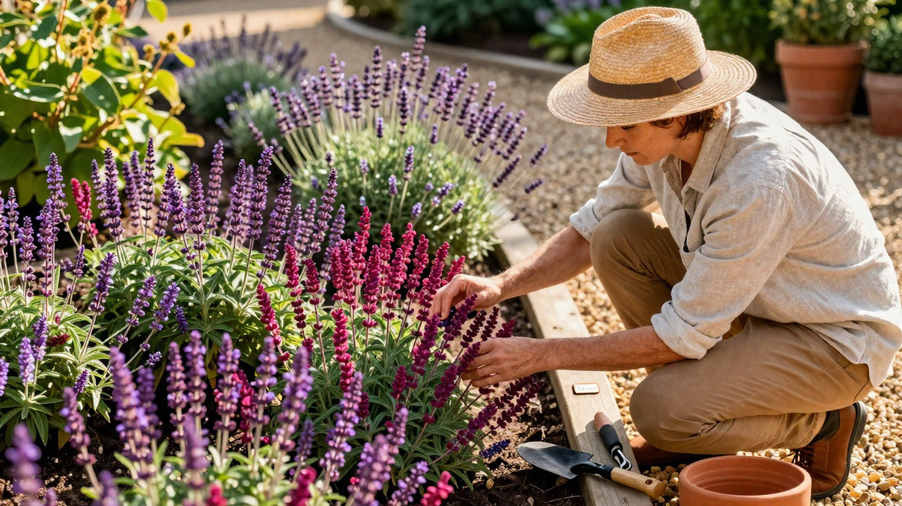 Person wearing a straw hat tending to purple and pink flowering plants in a garden bed.