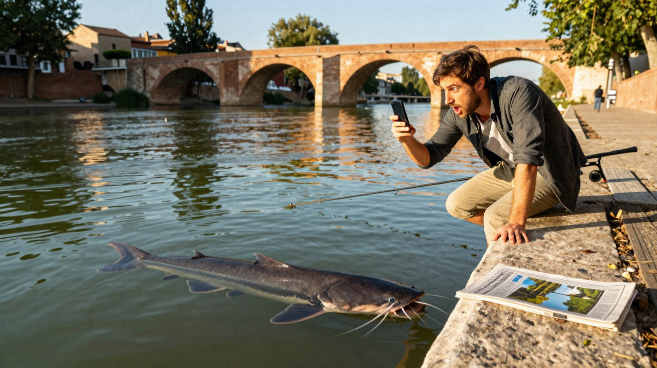 Man with fishing rod taking photo of large catfish near riverbank under stone bridge on sunny day