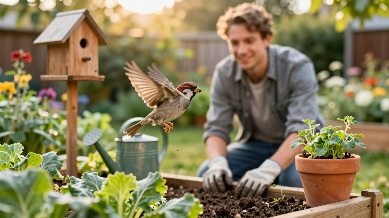 Man gardening in raised bed with sparrow flying near birdhouse in a sunny garden.