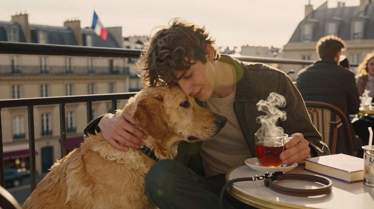 Young man gently hugging a golden retriever while holding a steaming cup of tea at an outdoor café.
