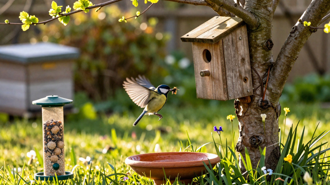 Great tit bird in flight carrying food near wooden birdhouse on tree in a sunlit garden.