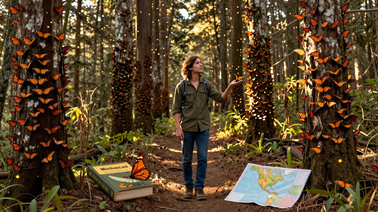 Man in forest surrounded by monarch butterflies on trees, with a large book and map on the ground.