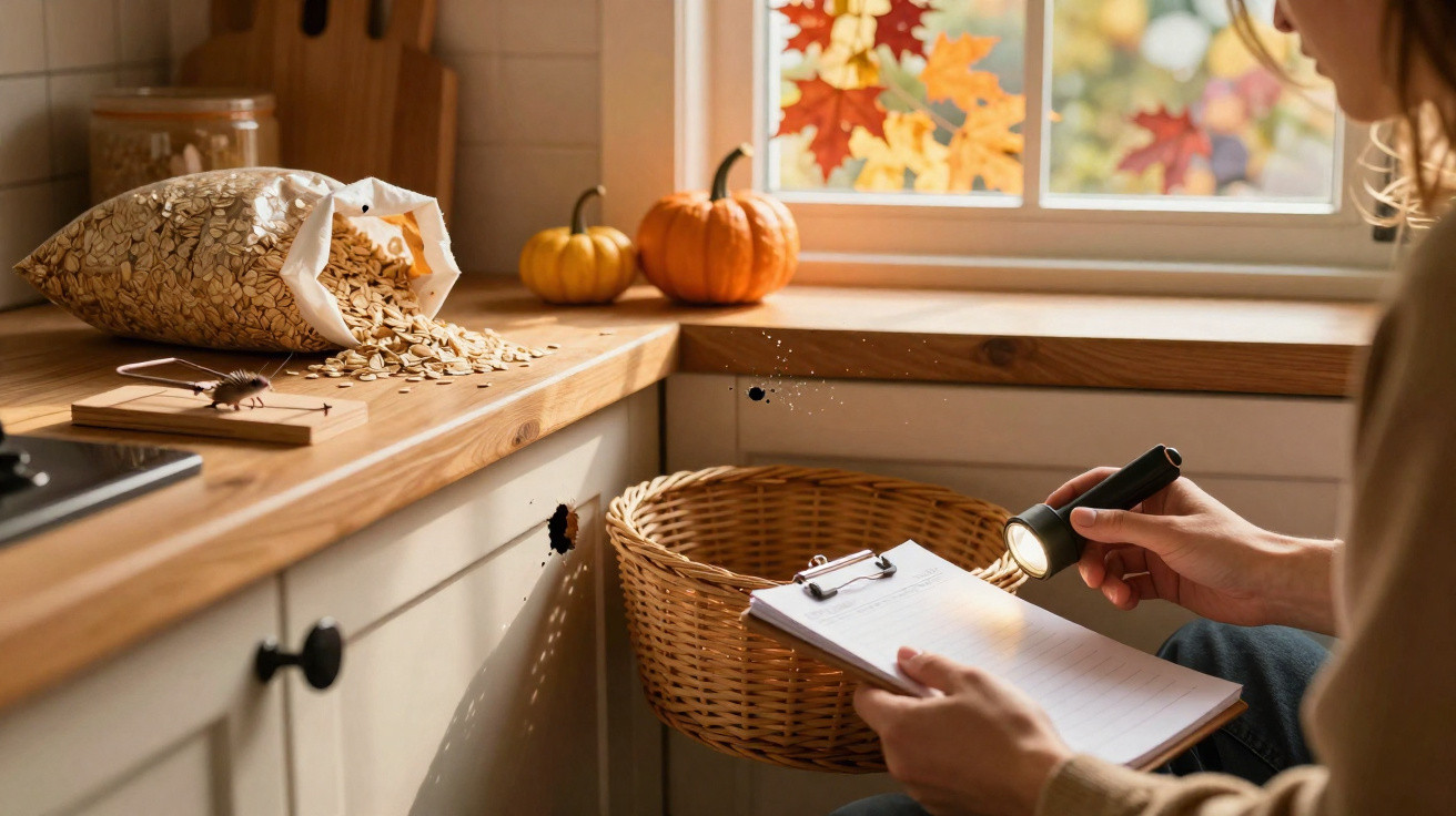 Person inspecting a kitchen cupboard with a flashlight and notepad, pest trap and spilled oats on the counter.