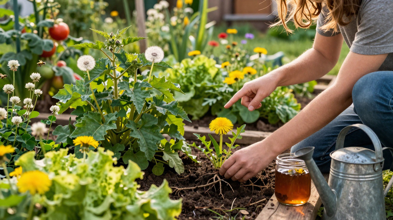 Person removing a dandelion by its roots from a raised garden bed with various plants and a watering can nearby.