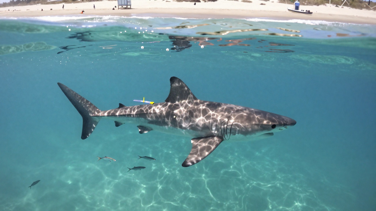 Great white shark swimming underwater near a sandy beach with small fish around it.