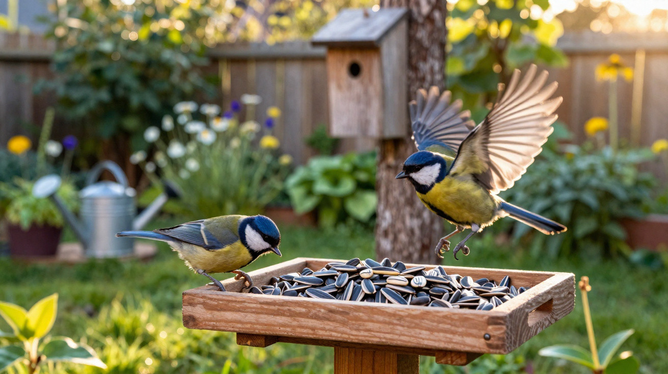 Two blue tits at a wooden bird feeder filled with sunflower seeds in a sunlit garden.