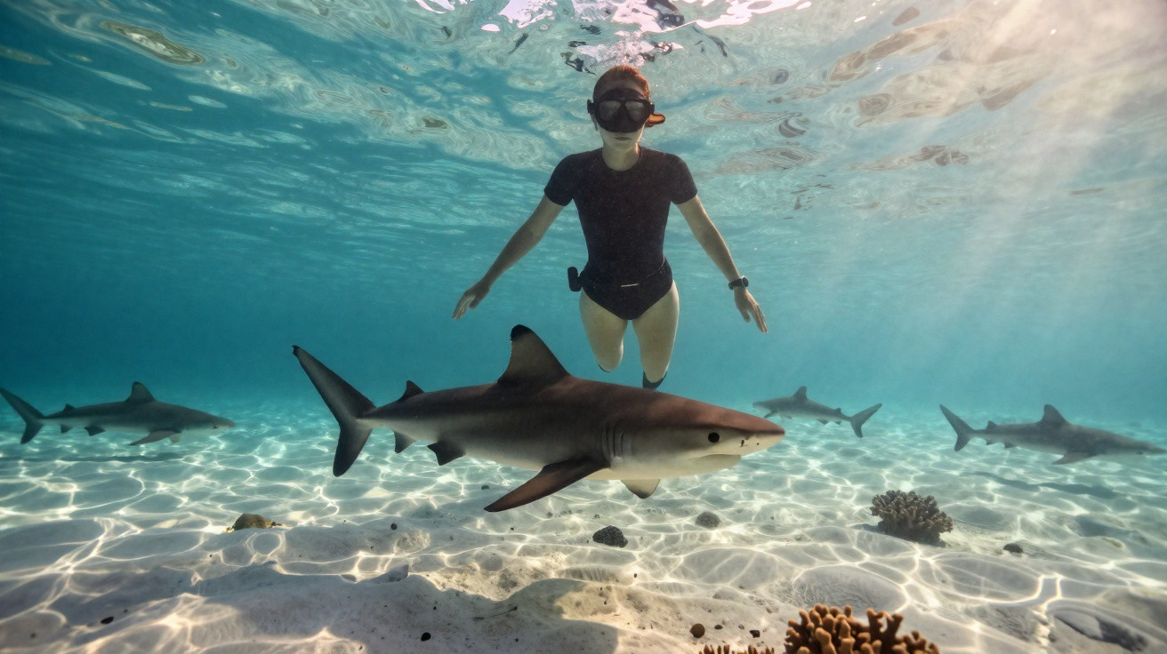 Snorkeller wearing black wetsuit and mask swimming underwater near several sharks over sandy seabed.