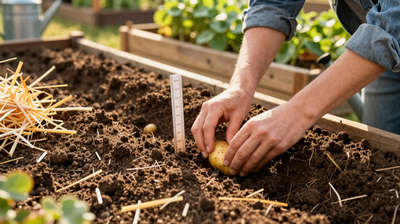 Hands planting a small potato in soil within a wooden raised garden bed outdoors.