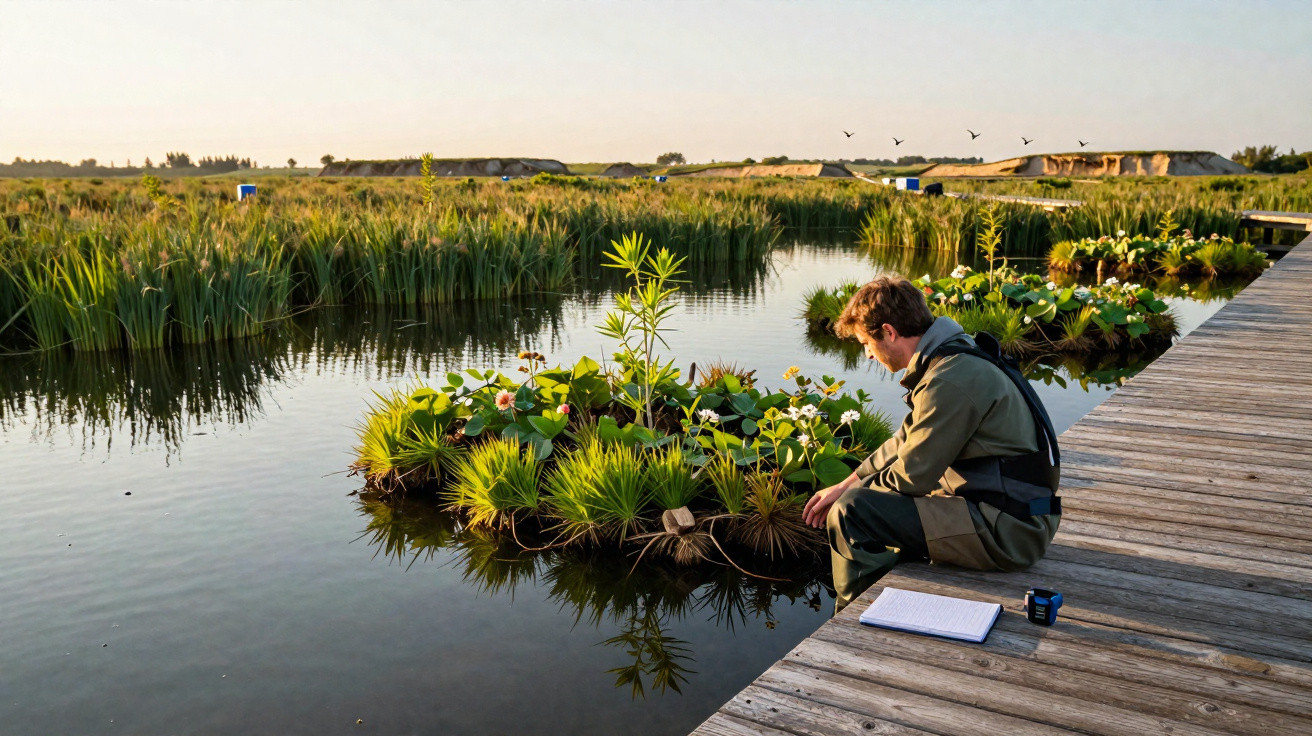 Man in waterproof gear examines floating aquatic plants near wooden boardwalk over calm wetland water.
