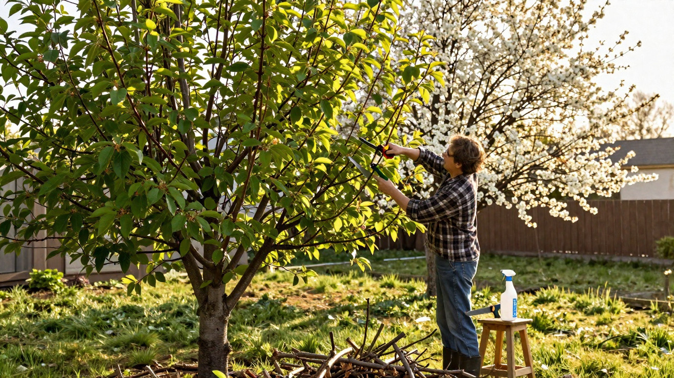 Person wearing plaid pruning branches from a leafy tree in a sunlit garden with a blossoming tree in background.