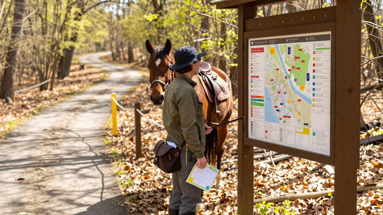 Person with a horse reading a trail map on a wooded path covered in autumn leaves.