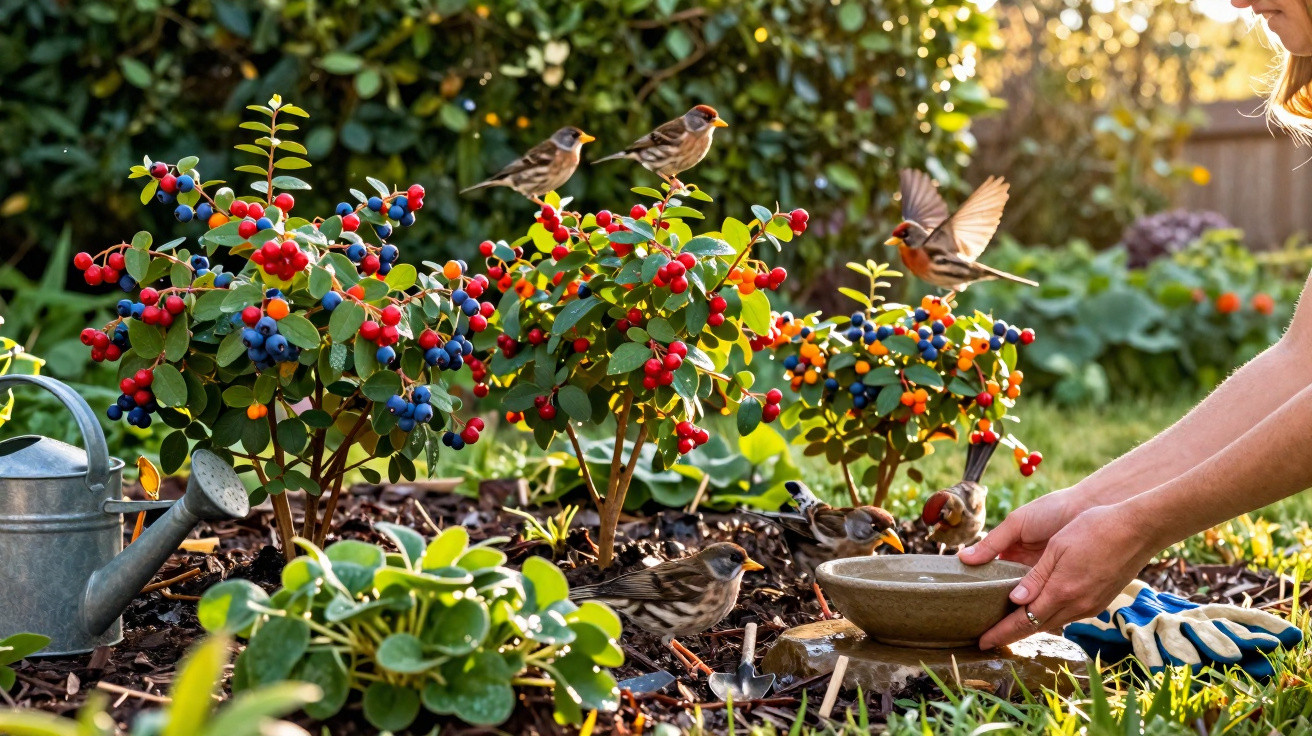 Hands placing a bowl near berry bushes as small birds gather around in a sunlit garden.