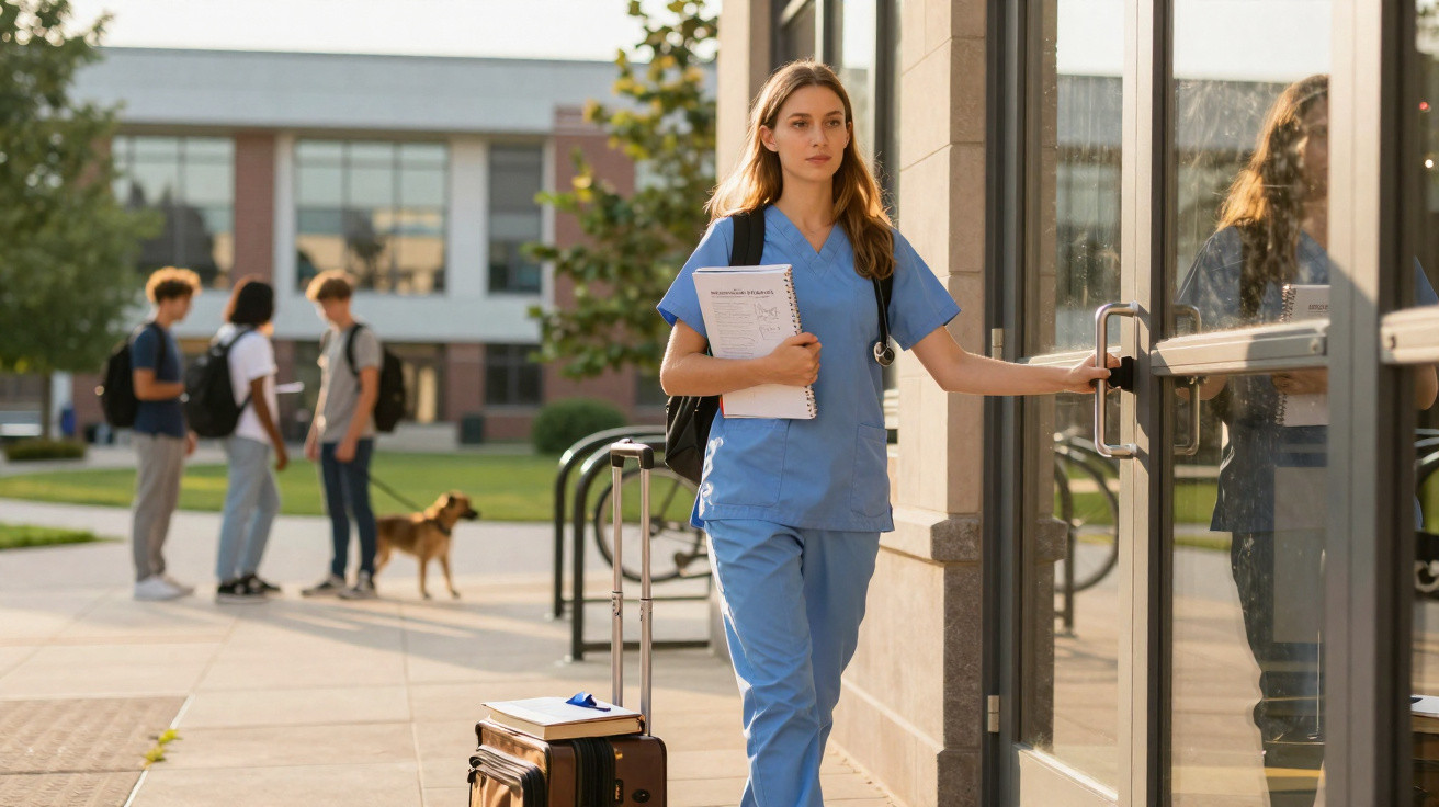 Female healthcare student in blue scrubs carrying books and luggage entering a building on campus.