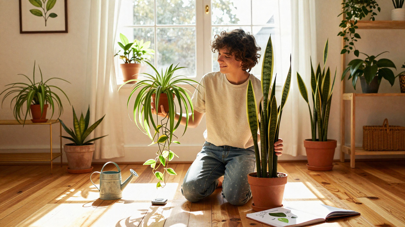 Person kneeling on wooden floor, holding potted plants in a sunlit room with several houseplants nearby.