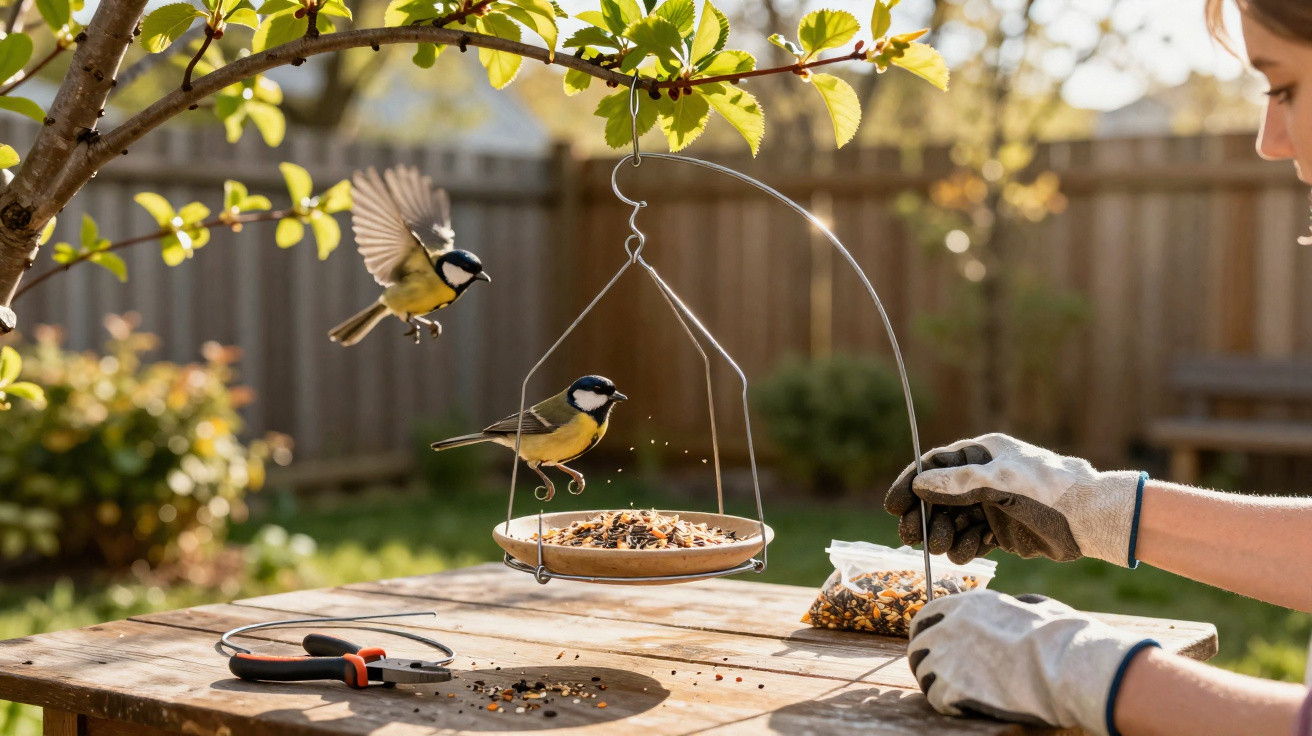 Person wearing gloves refills a hanging bird feeder with two birds near a tree branch in a sunny garden.