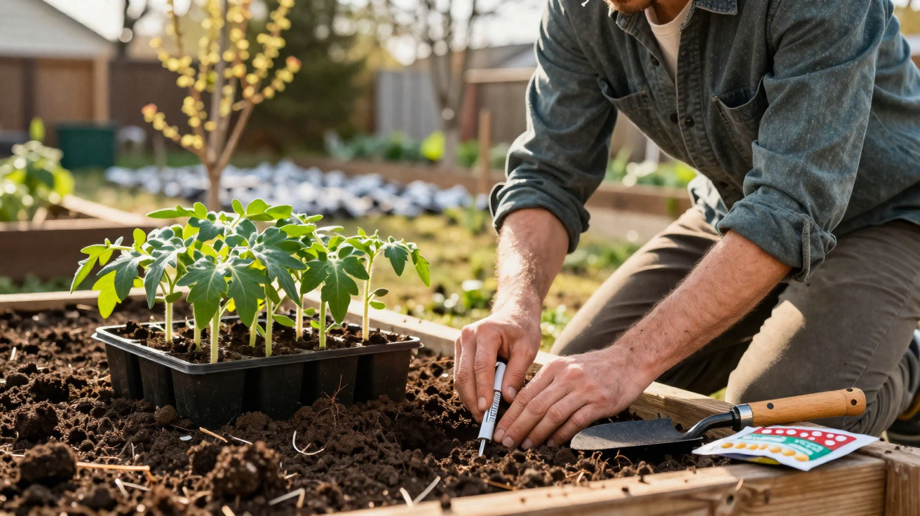 Person planting tomato seedlings in a raised garden bed on a sunny day with gardening tools nearby
