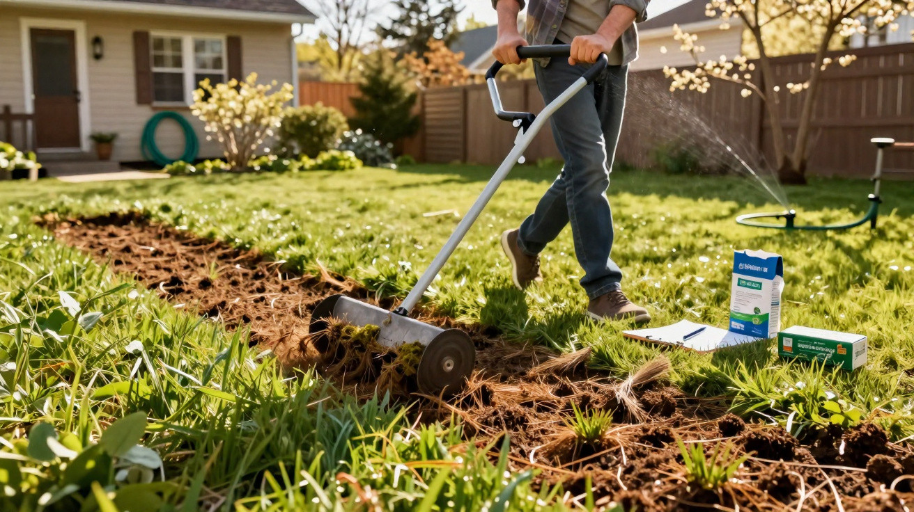 Person aerating a garden lawn with a mechanical soil aerator on a sunny day in a backyard.