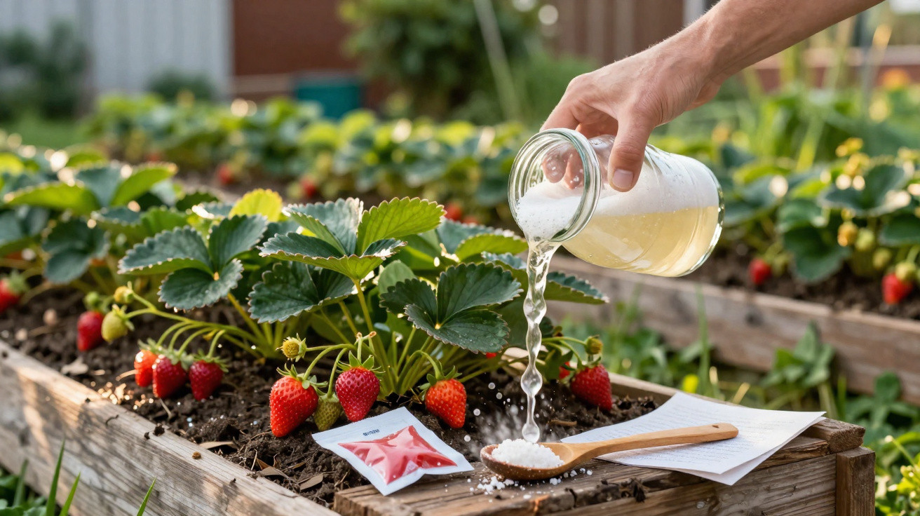 Hand pouring liquid from a jar onto a wooden spoon with powder near growing strawberry plants in a garden bed.