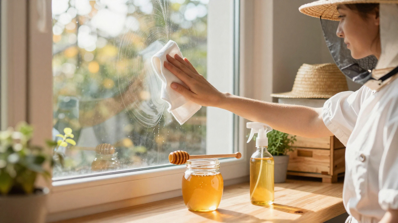 Person wearing a protective beekeeping hat cleaning a window with honey jar and spray bottle on the windowsill