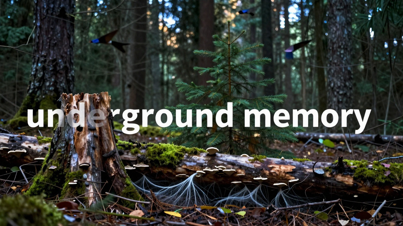 Forest floor with moss, mushrooms, spider webs, a tree stump, and a young pine tree in a dense woodland.