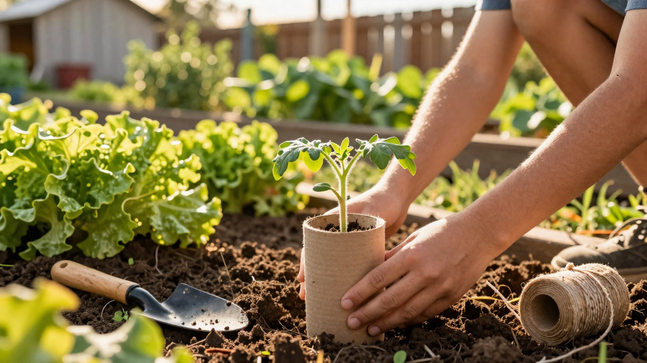 Hands planting a young seedling in soil in a garden with gardening tools and lettuce nearby.