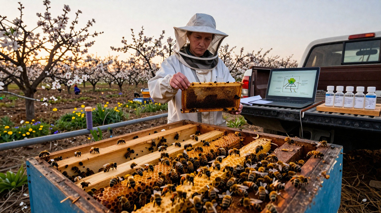 Person in protective gear inspecting honeycomb frame from a beehive in orchard at sunset with laptop nearby.
