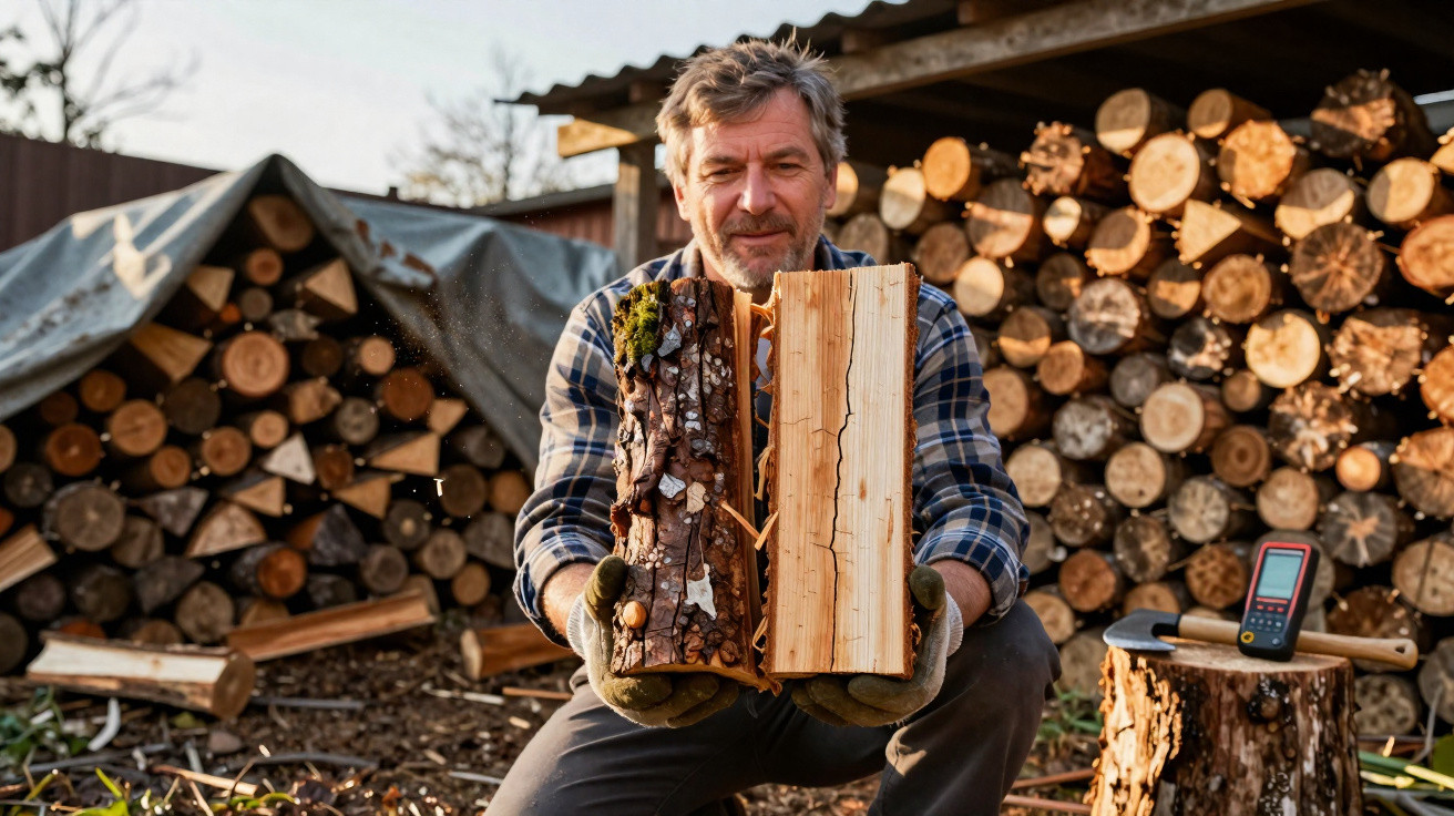 Man wearing gloves holding a split log with a pile of firewood and an axe in the background outdoors.