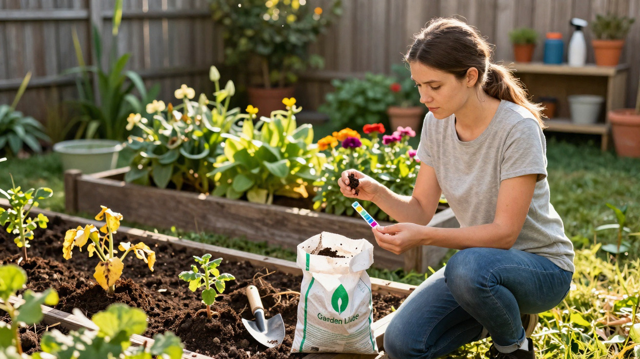 Woman testing soil moisture in garden bed surrounded by plants and flowers in a backyard.