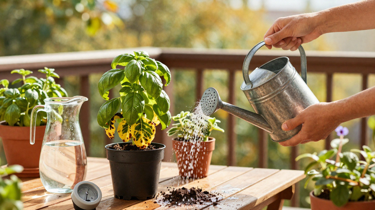 Hands watering a basil plant on a wooden table with potted plants and a jug of water outside.