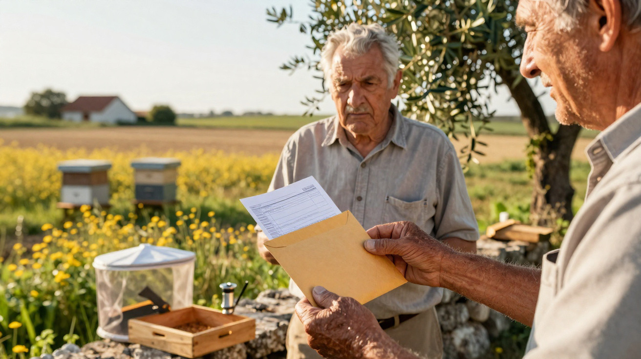 Two elderly men outdoors, one holding an envelope and paper, with beekeeping equipment and flowers behind them.
