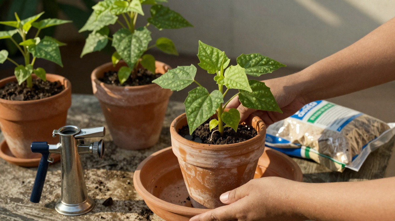 Hands tending to a young plant in a terracotta pot with other potted plants and gardening tools nearby.