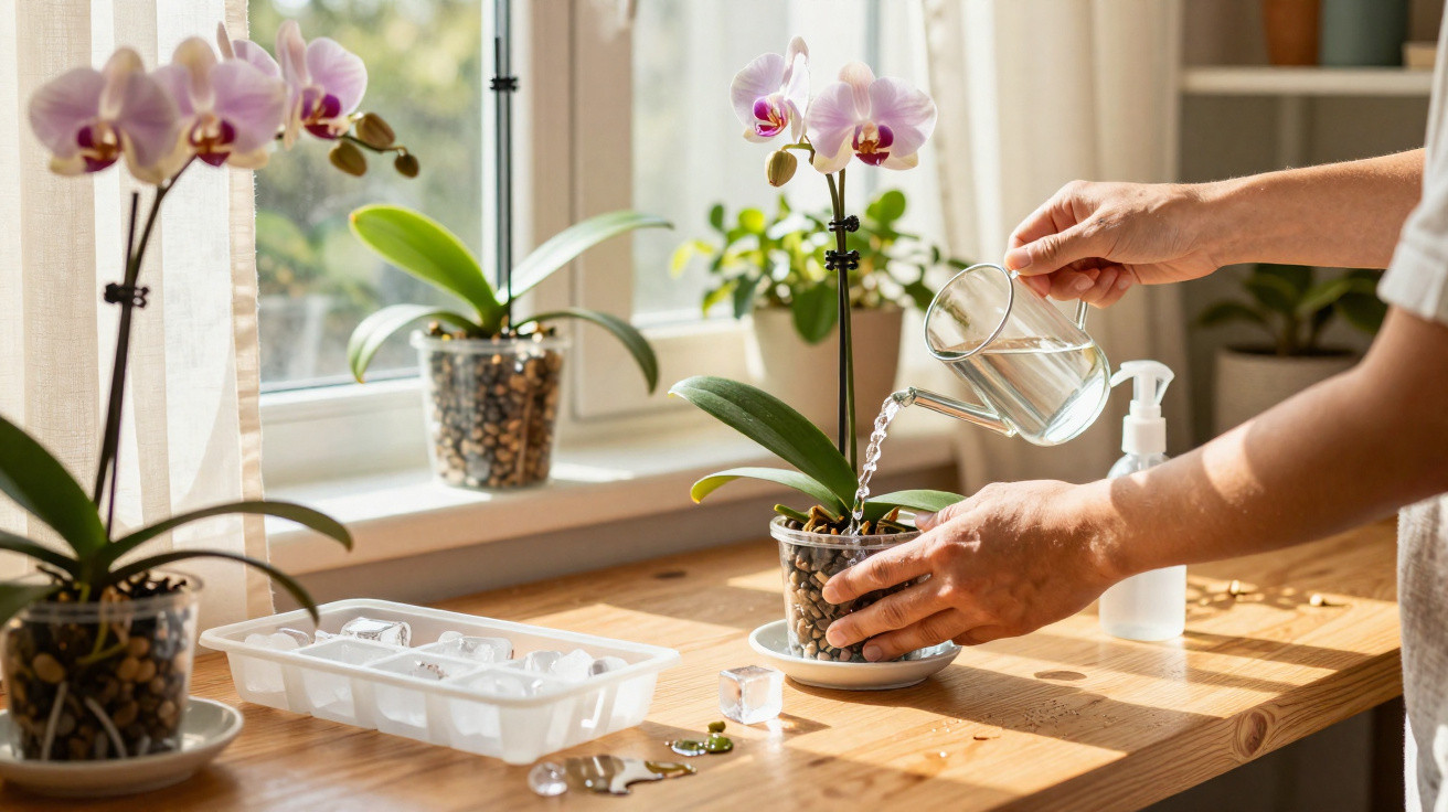 Person watering a blooming orchid plant on a wooden table by a sunlit window with other orchids nearby.