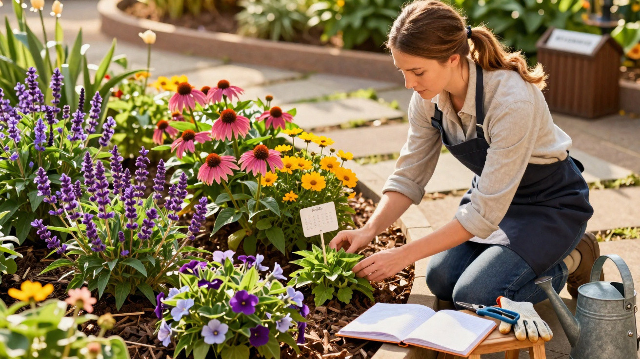 Woman in apron tending to colourful flowers in a garden bed with gardening tools and a notebook nearby