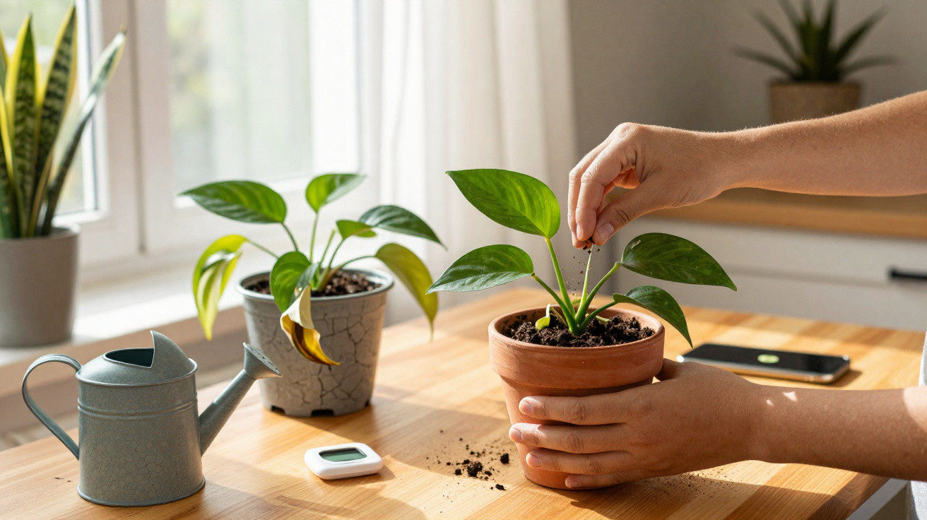 Hands planting a small green houseplant in a terracotta pot on a wooden table near a window.