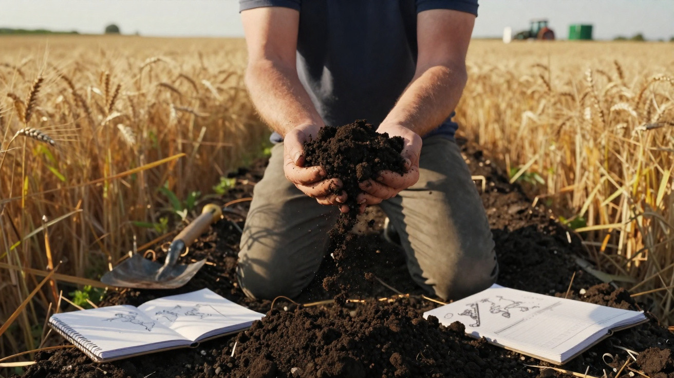 Person kneeling in wheat field, holding soil with gardening tools and open notebooks nearby.