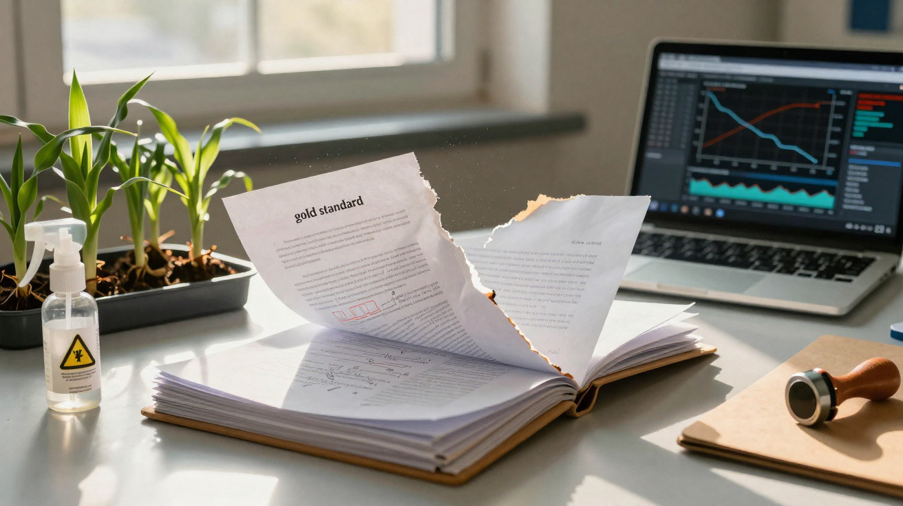 Open book with a partially burnt and torn page titled "gold standard" on a table near plants and a laptop.