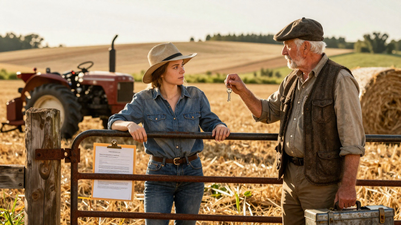Older man handing keys to young woman at farm gate with tractor and hay bale in background on sunny day.