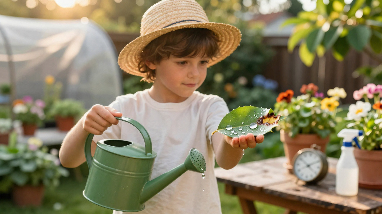 Young boy in a straw hat watering a leaf with a green watering can in a garden on a sunny day.